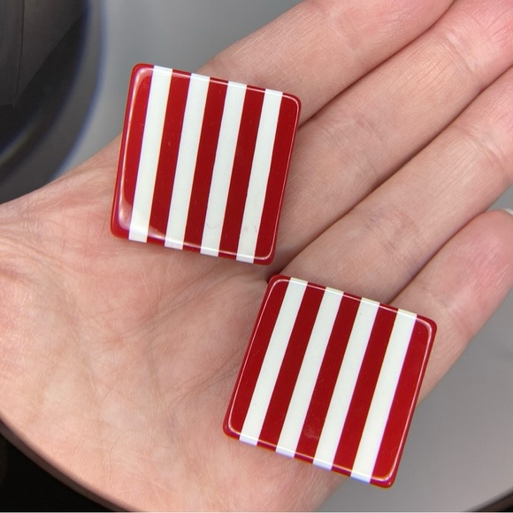 Red and White Striped Large Square Earrings - Picture 2 of 10